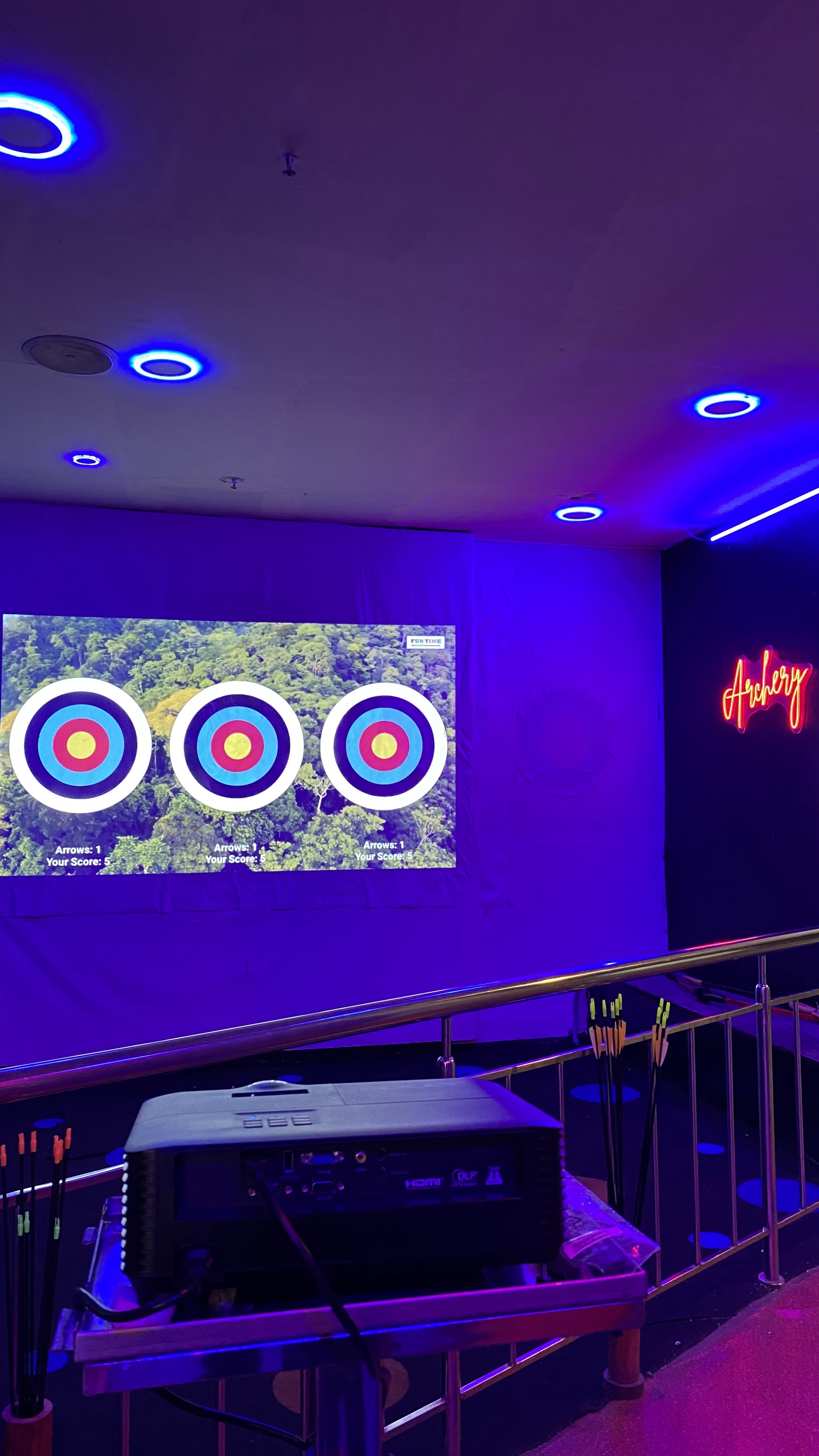 digital archery arena technical layout, projection screen dimensions, bow station setup, floor plan view, professional technical diagram