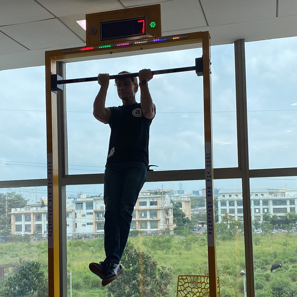 hang bar technical diagram, engineering blueprint style, rotating bar mechanism, detailed measurements, professional technical drawing