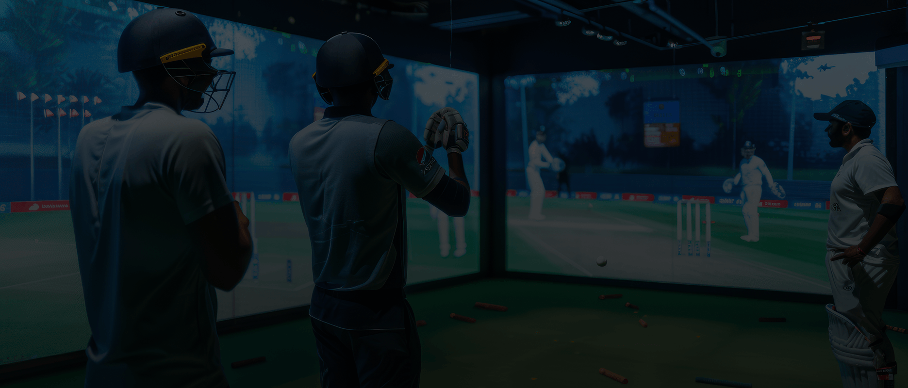 Cricket players in interactive sports arena