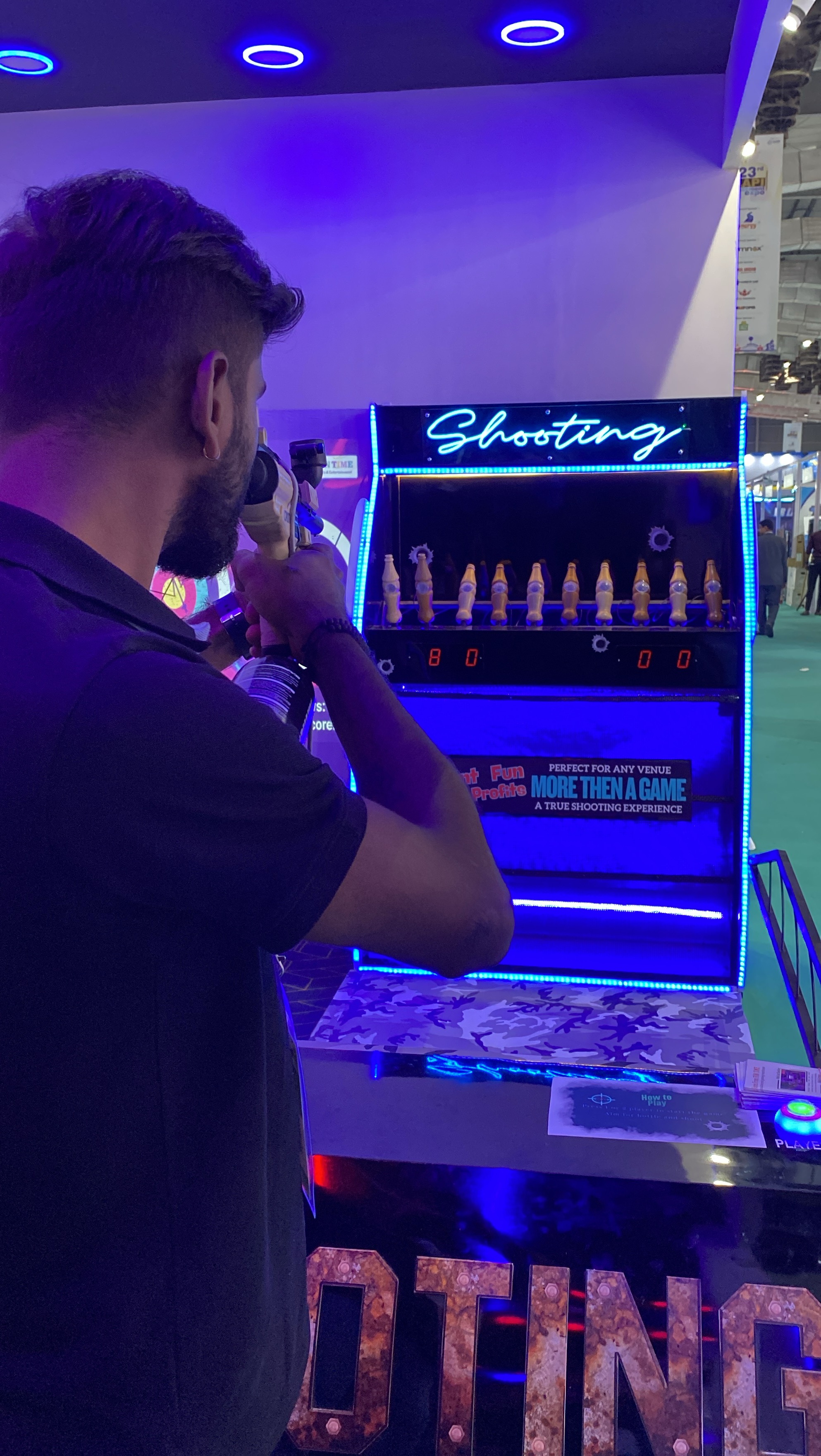 pellet-less shooting arena technical diagram, modular booth layout, laser system schematic, detailed measurements, professional technical drawing