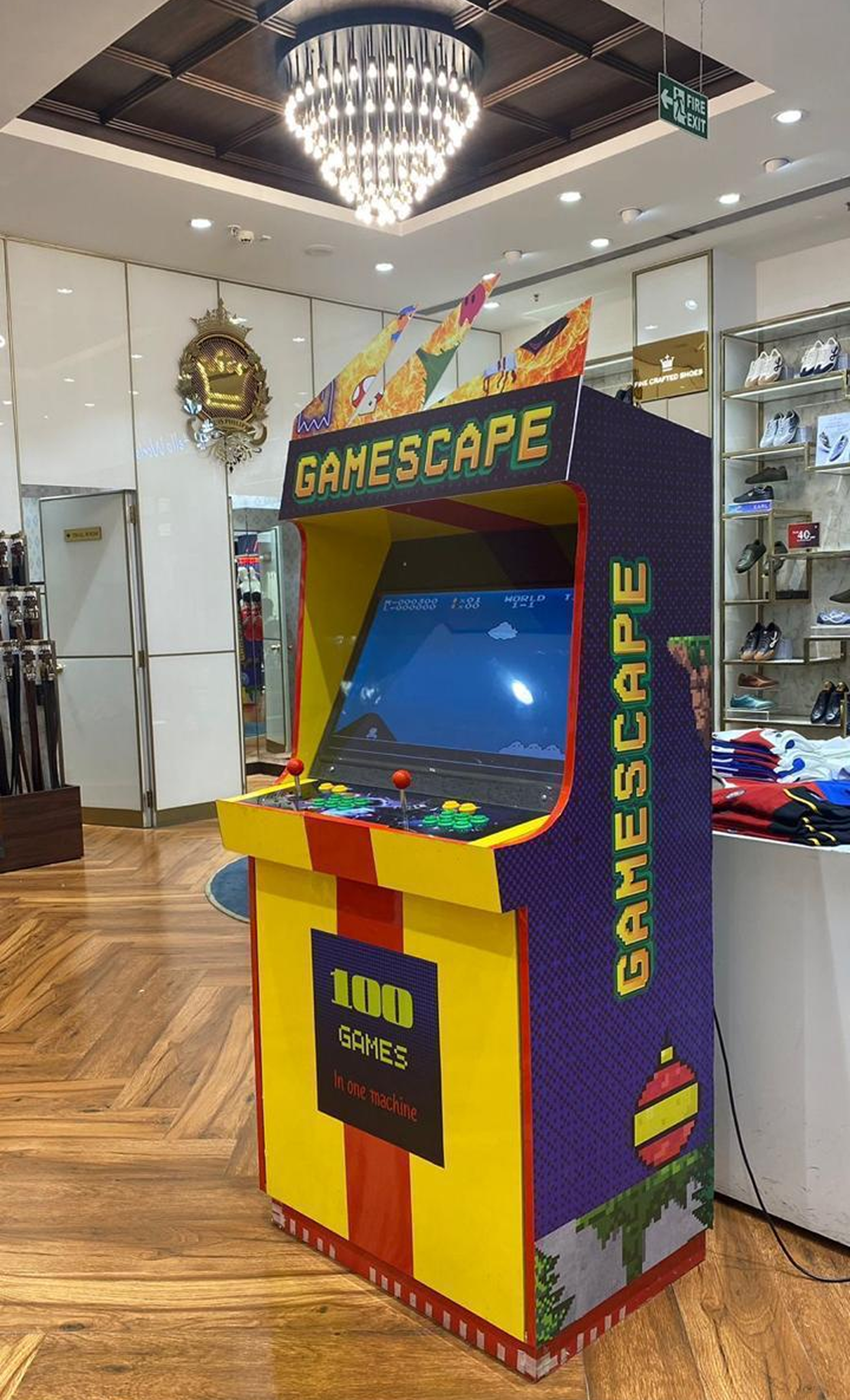 arcade cabinet internal view, HD LCD display, control panel with joystick, stereo speaker system, technical interior, professional lighting