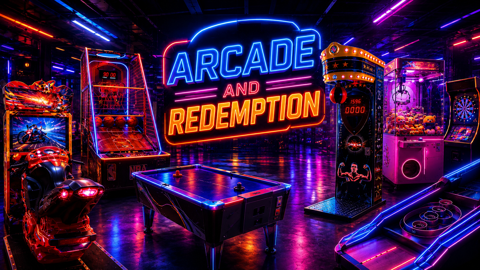 arcade redemption machine with bright LED lights and tickets, professional product shot