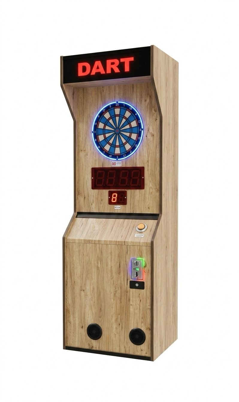 digital dart arena technical diagram, cabinet dimensions, sensor layout, engineering blueprint style, precise measurements