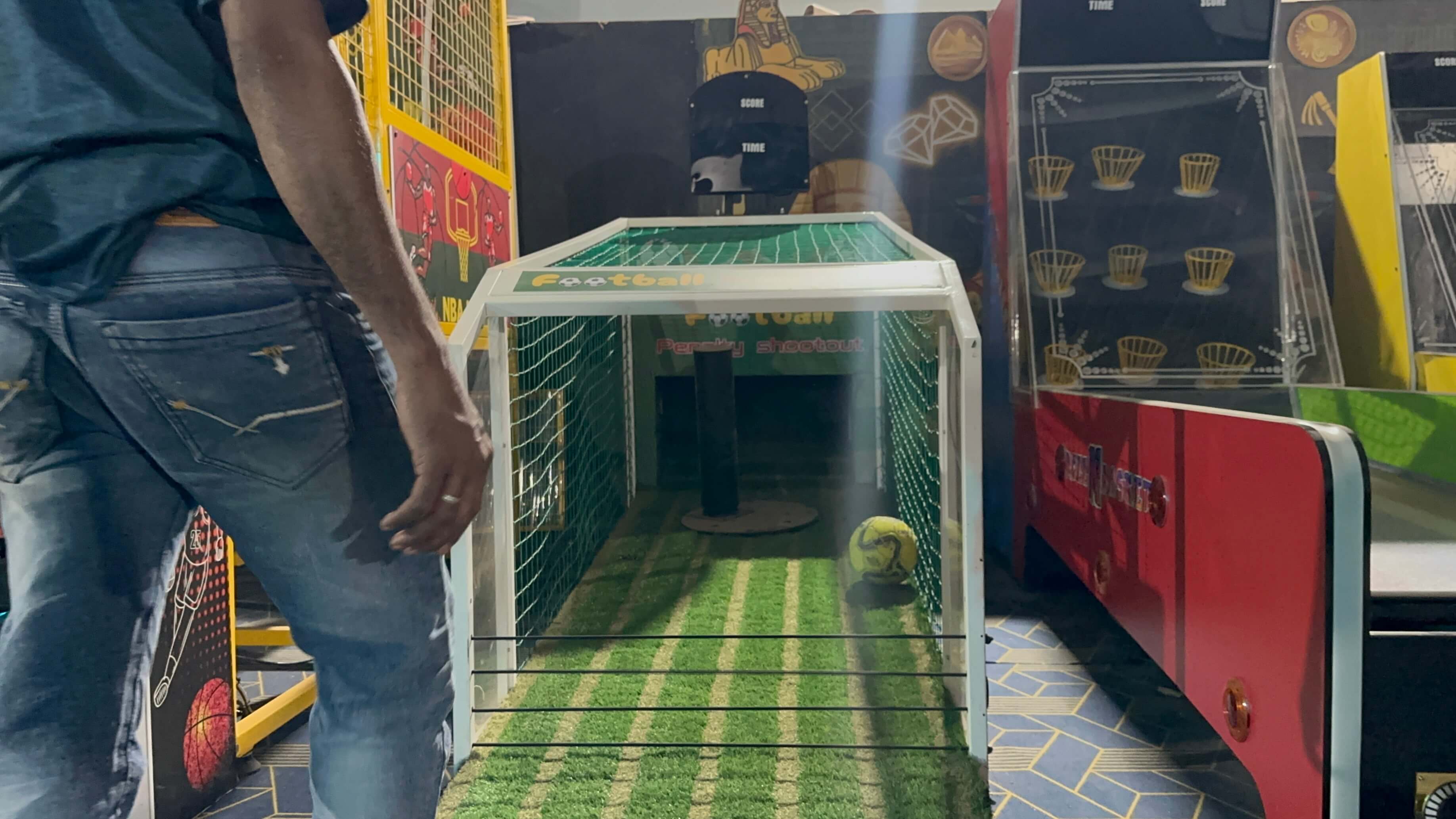 penalty shoot out installation process, technicians assembling goal structure, professional on-site setup, time lapse style