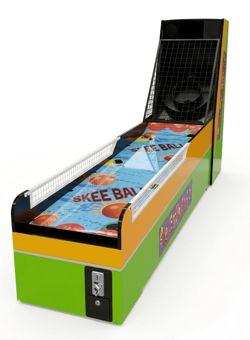 skee ball arcade machine technical diagram, engineering blueprint style, detailed measurements, professional technical drawing
